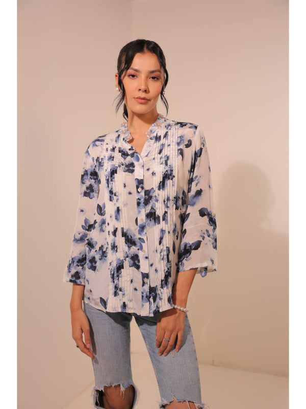 elegant natural crepe abstract floral printed hand embellished mandarin collar, pin tucks, roll-up sleeve top. - White