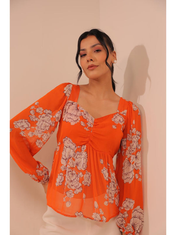 modish viscose georgette floral printed sweet heart center gathered busted, full puff sleeve, back tie-up top. - Orange