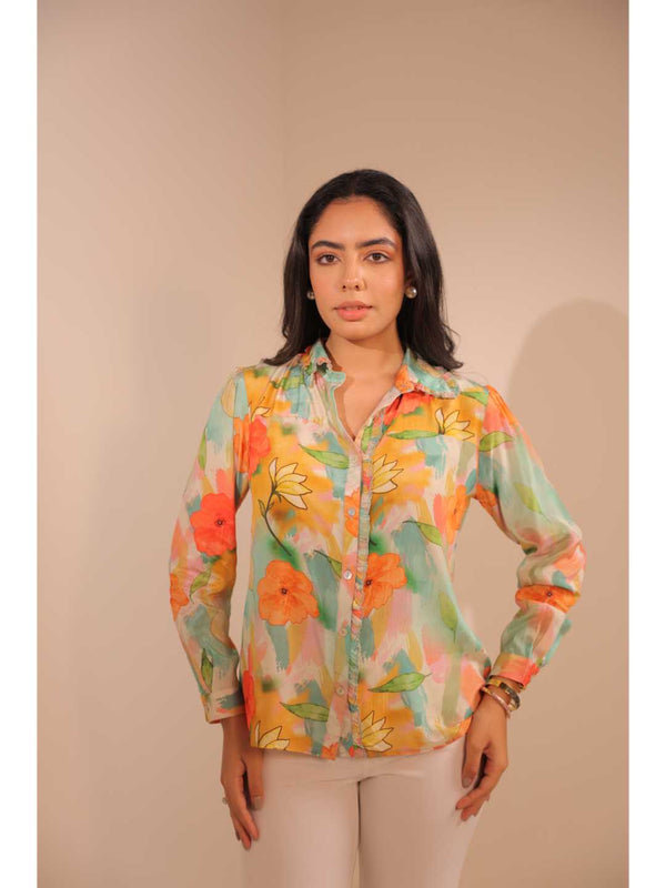 modish natural crepe abstract floral printed ruffle shirt collared yoke full sleeve top with cuff. - Multi