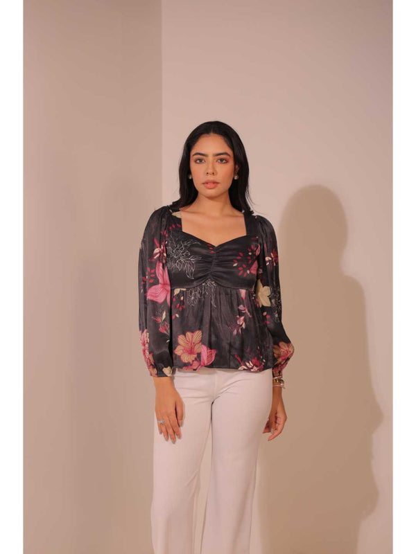 modish viscose royal satin floral printed sweet heart center gathered busted, full puff sleeve, back tie-up top. - Black