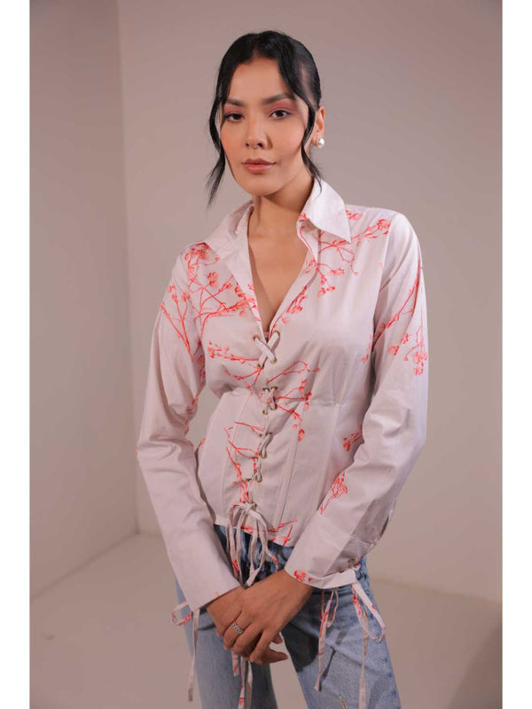 modish cotton lycra floral printed shirt collar corset with front rivets tie-up , full cuff sleeve top . -Off White