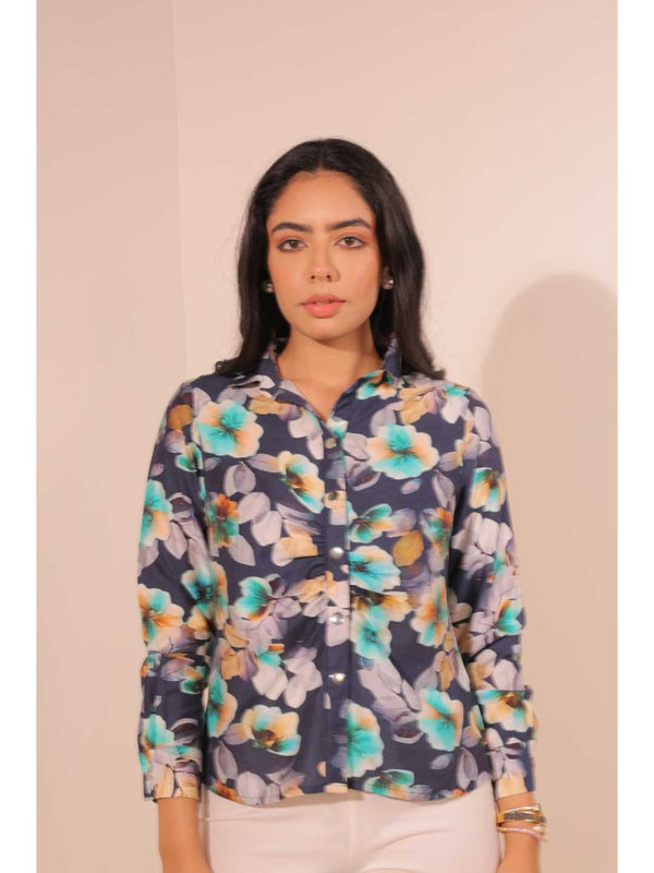 classic viscose floral printed front gathering detailed full placket snap buttons shirt with full cuff sleeves . -Multi