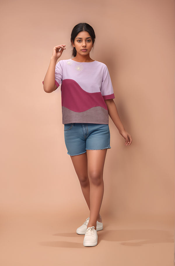 Stylized 100% Cotton Mandarin Collar Roll-Up 3/4Th Sleeve Patch Pocket Top With Detailed Stitches - Multi