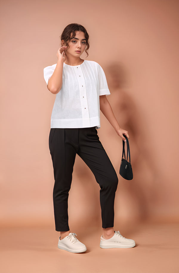 modish viscose georgette floral printed sweet heart center gathered busted, full puff sleeve, back tie-up top. - White