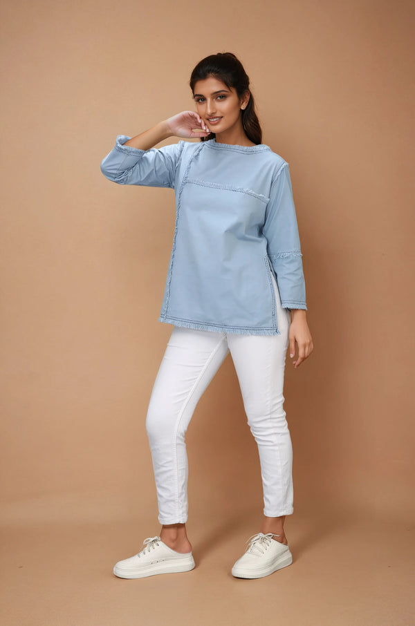Komarri U stylish linen round neck top with fraying on cuffs elbows and hem.-Blue
