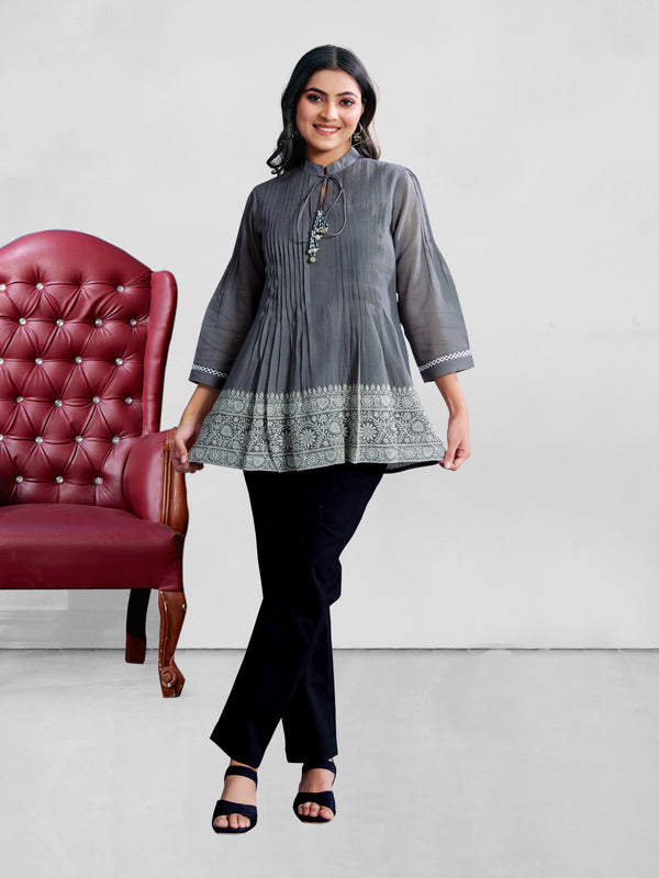 Stylized 100% Cotton Mandarin Collar Roll-Up 3/4Th Sleeve Patch Pocket Top With Detailed Stitches - Pink