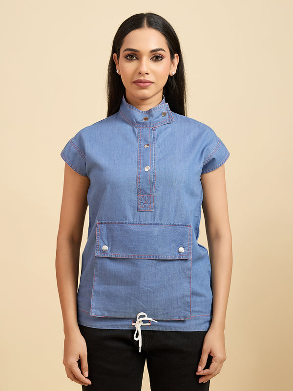 Komarri U Women Utility Pocket Mandarin Collar Cotton Denim Top