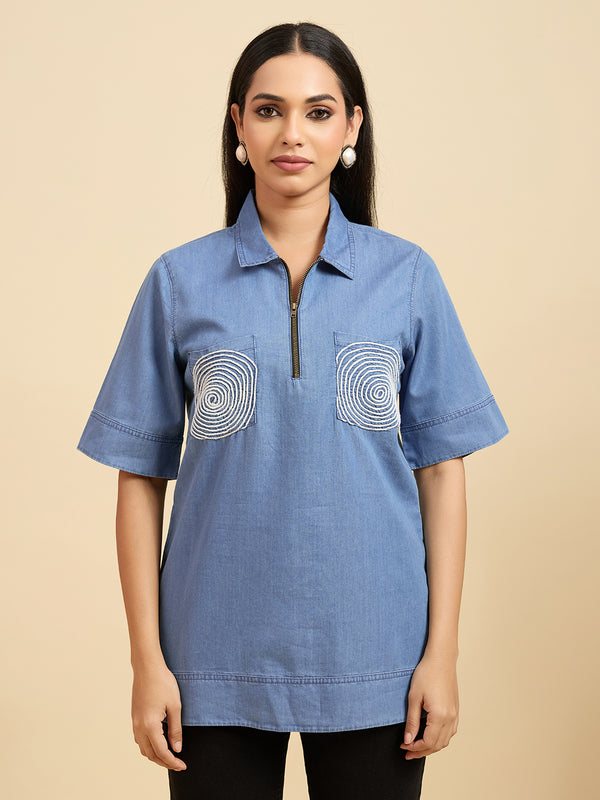 Komarri U Women Utility Pocket Mandarin Collar Cotton Denim Top