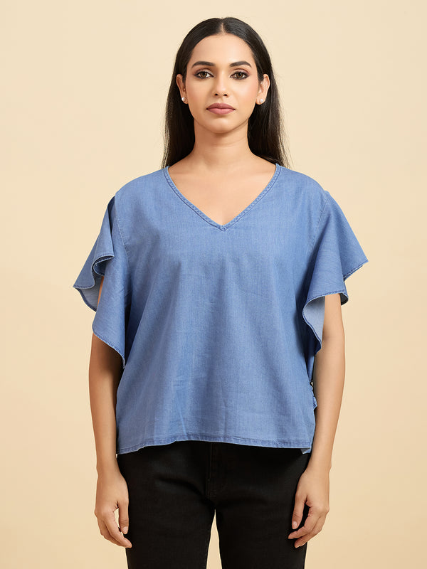 Komarri U Women Utility Pocket Mandarin Collar Cotton Denim Top
