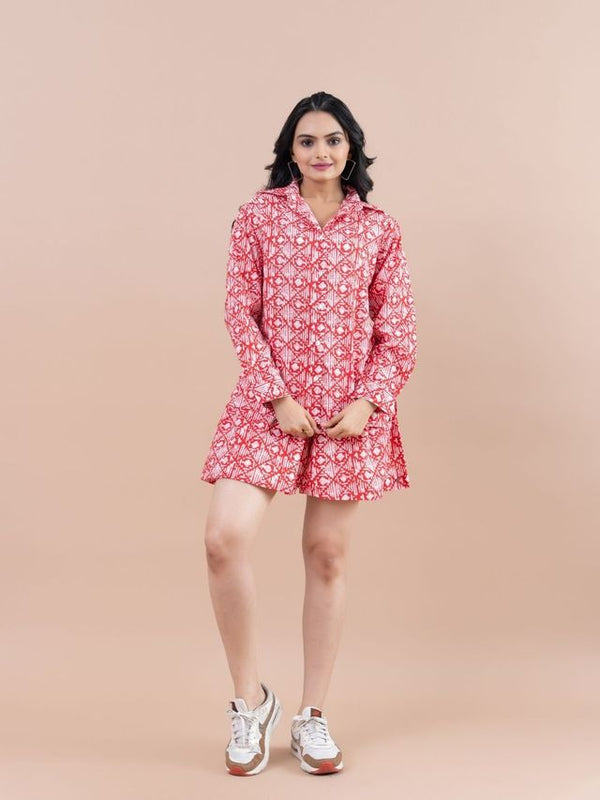 stylish floral printed cotton pure cotton full cuff sleeves shirt with comfortable fully elasticated flare shorts set - Red