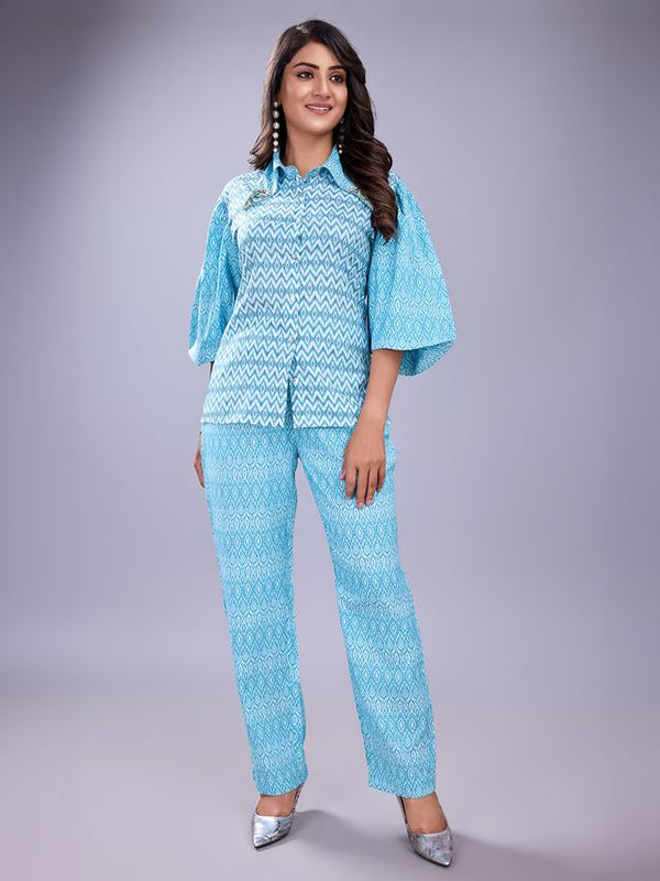 elegant front button embellished collar shirt  with puff sleeves & straight pants set in yarn dyed ikat woven bamboo fabric - Sky Blue