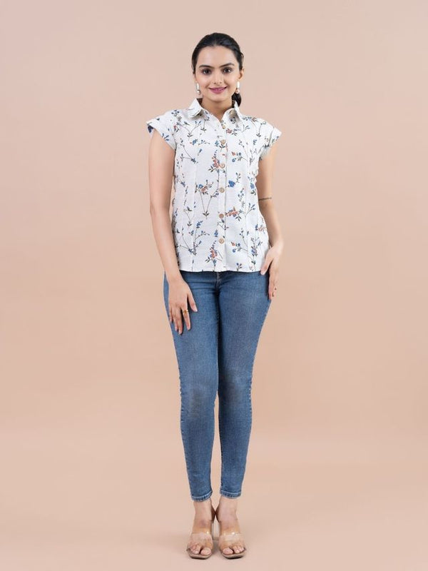 classic floral printed cotton flex top stitch panelled shirt with short rolled sleeves -Blue