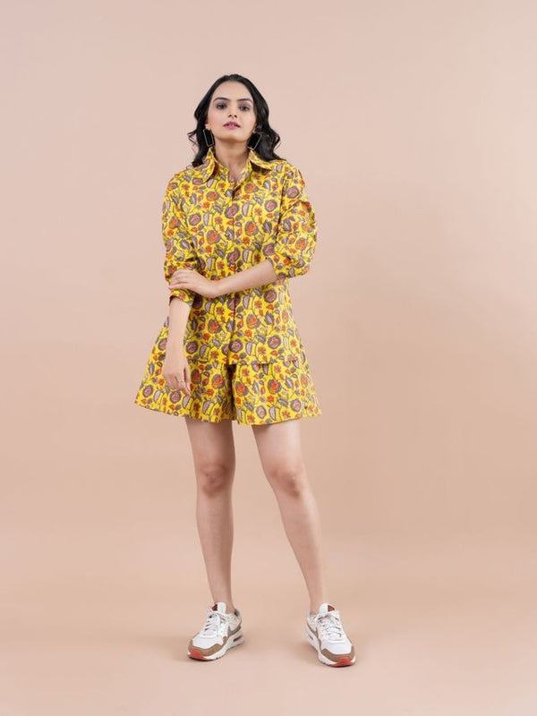 stylish floral printed cotton pure cotton full cuff sleeves shirt with comfortable fully elasticated flare shorts set - Yellow