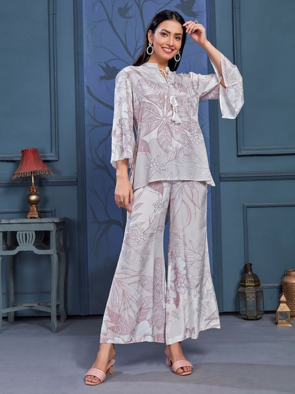 stylish monochromatic floral printed pure viscose natural crepe flare sleeves and mandarin collar neck tie-up drawstrings with tessels top pared with comfortable flare pants set - Gray