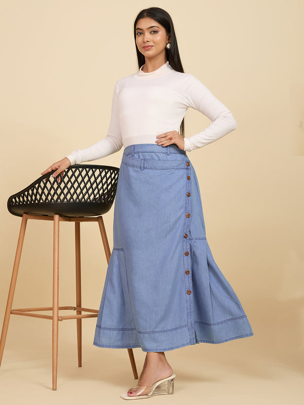 Komarri U elegant tencele denim A line button down skirt with elasticated waist.