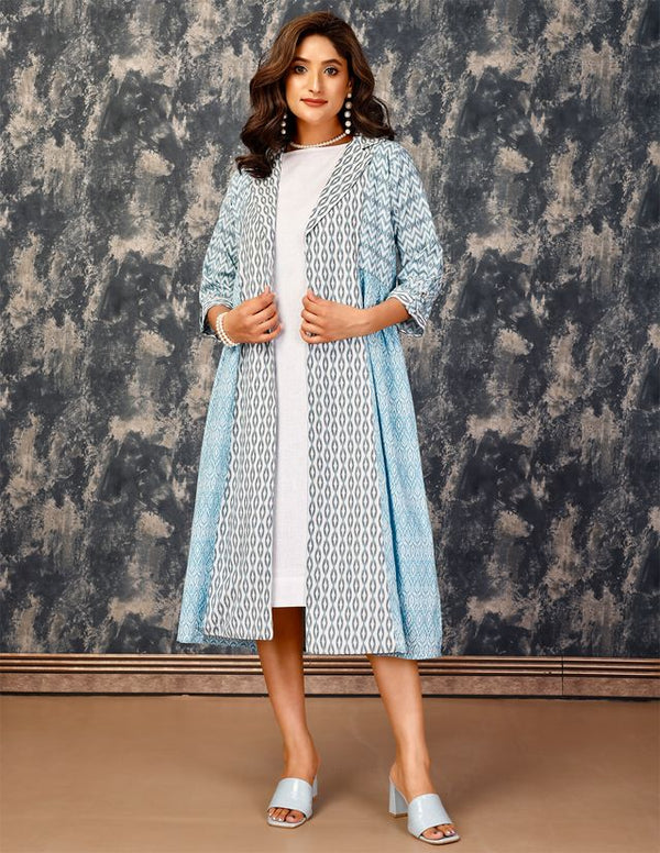 elegant linen blend shift dress with ikkat weave styline lapel collar bamboo blend cape - Blue & white