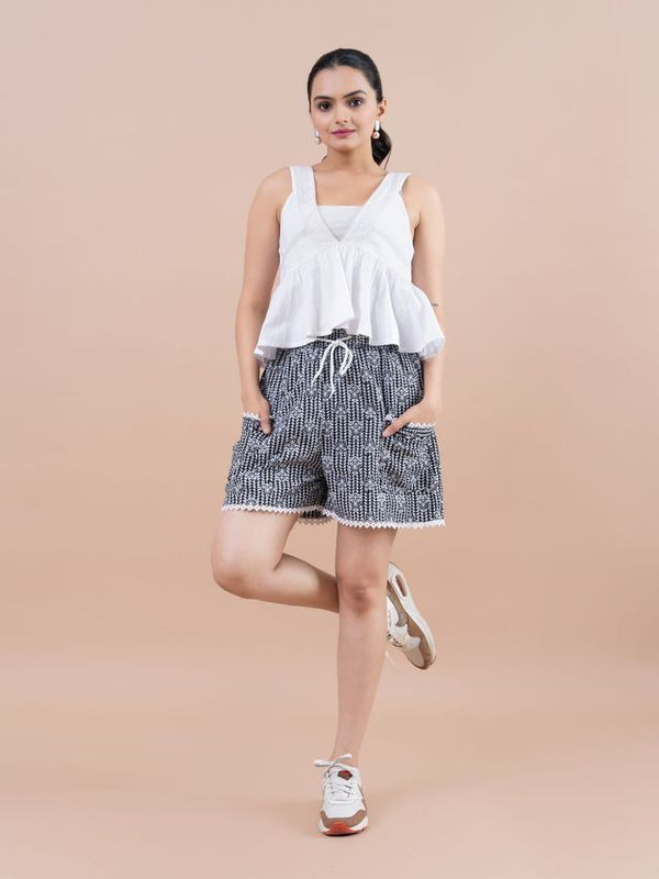 stylish pure printed cotton shorts with waist drawstrings and side square patch pockets - Black