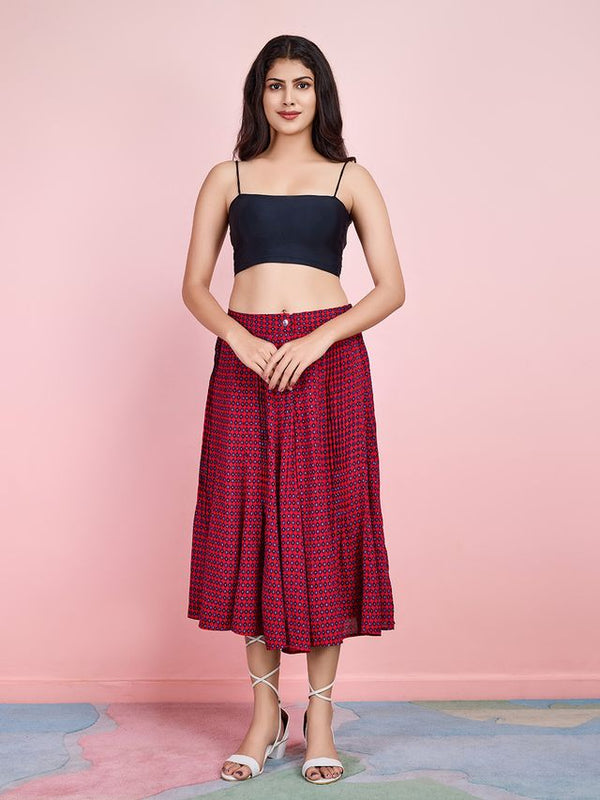 stylish pure viscose long flare skirt with pin tucks detail in geometric print - Marron