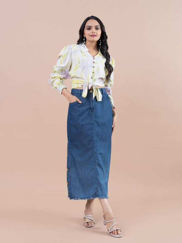 elegant pure tencel cotton denim ombre washed A-line skirt with side slits - Blue