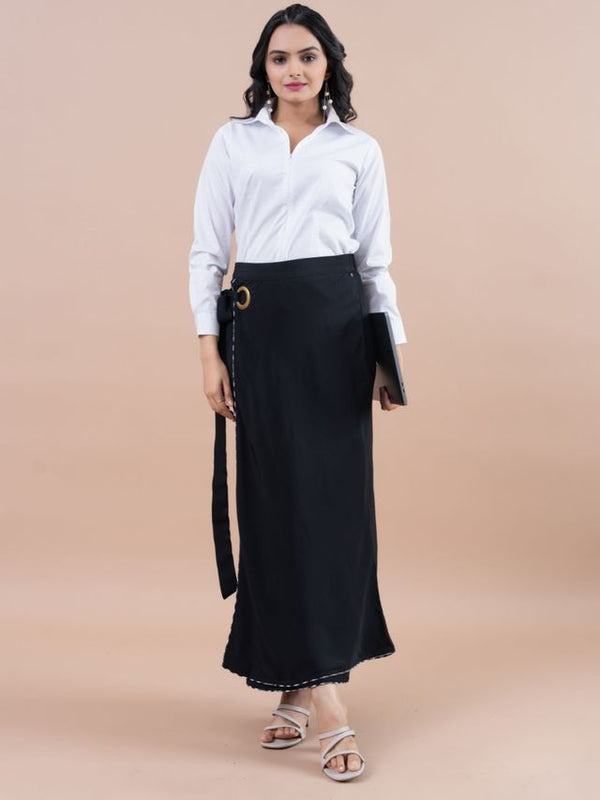 stylish pure viscose long wrap skirt - Black