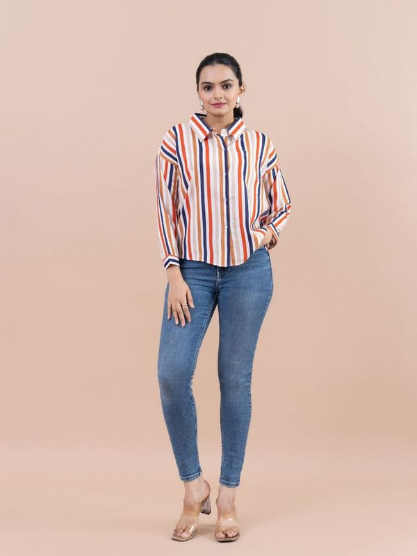 stylish multi striped pure viscose shirt with two way shirt collar and cuff sleeves -Multi