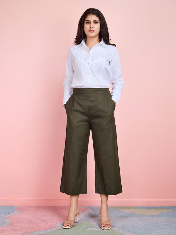 cotton linen back elasticated pants with side zipper - Olive Green