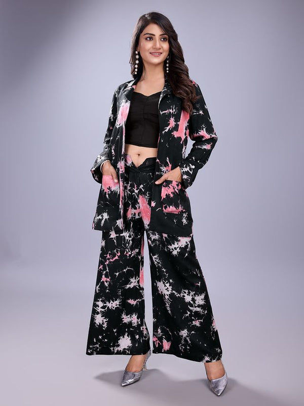 elegant tie - dye lapel collared long cuff sleeves jacket, a comfortable Straight pants with smocking at the back & a gathering detailed bustier set in modal - Black