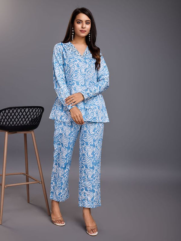 elegant batik printed embellished lapel collar full cuff sleeves shirt & Straight pants set in Modal - Blue