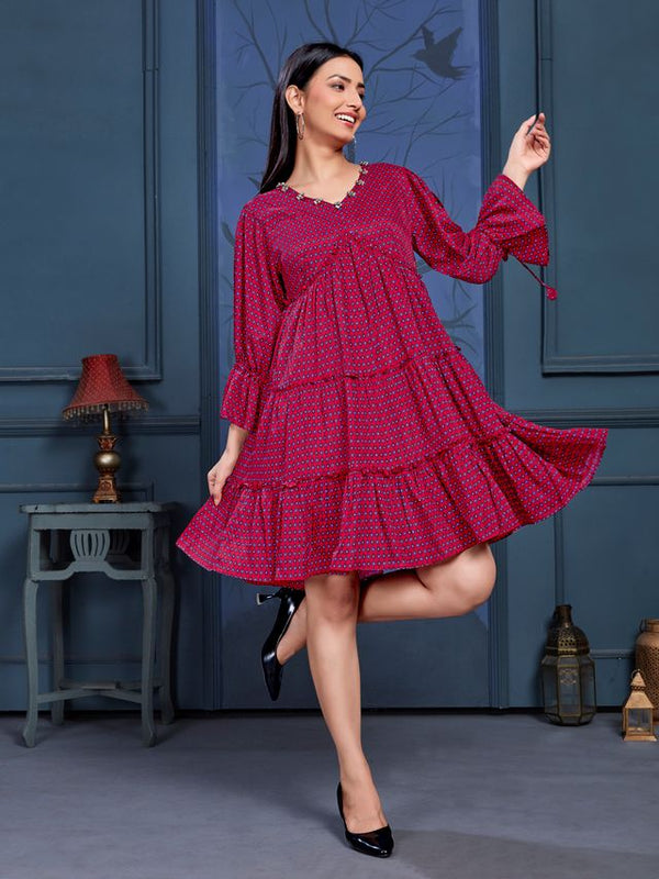 elegant neck embellished pure viscose geometric print tiered dress with full tie-up puff sleeves - Maroon