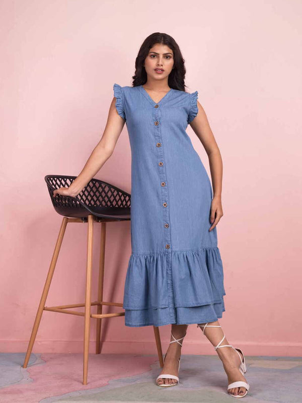 Ruffled Denim Fit & Flare Midi Dress