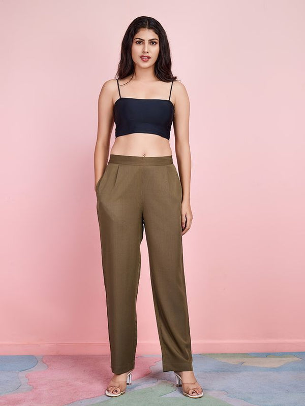 pure excel back elasticated cigarette trousers with side pockets - Olive Green