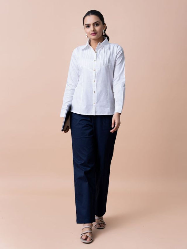 classic cotton shirt with full cuff sleeves and front yoke with pin tucks details -White