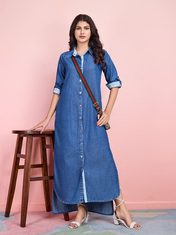 elegant tencel denim dress with full placket shirt collar with lace inserts and roll-up sleeves - Blue