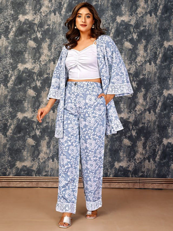 elegant batik printed shrug with a comfortable Straight pant & a plain white gathering detailed bustier three pieces set in Modal twill - Blue