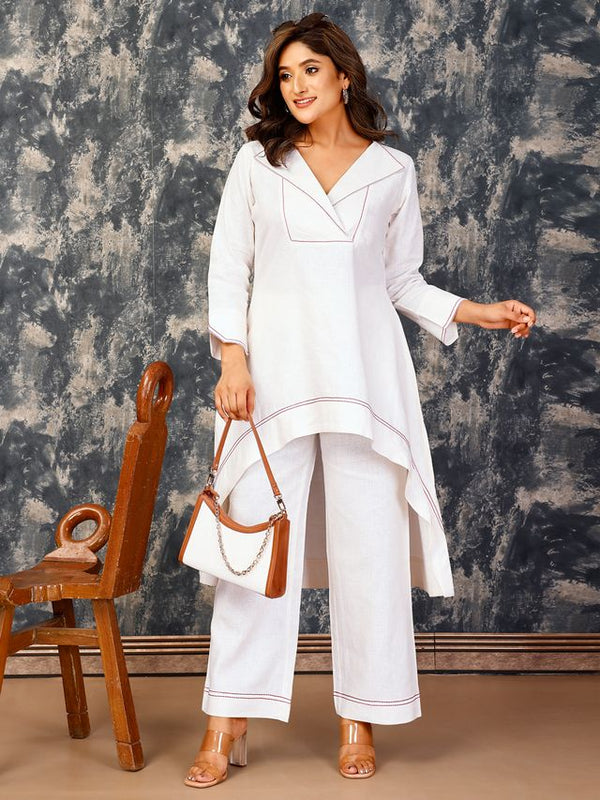 elegant overlapped V neck lapel collared, open cuff sleeves Asymmetric top with trousers in Linen Cotton set - White