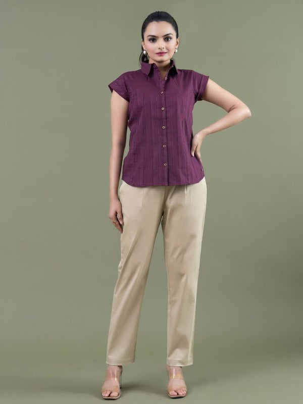 elegant pure cotton satin lycra pants with front waist flap and side pockets - Beige