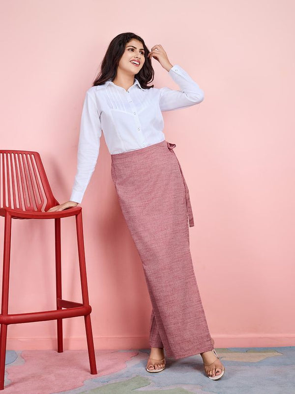 elegant pure cotton front flap and side waist tie-up wide leg pants - Pink