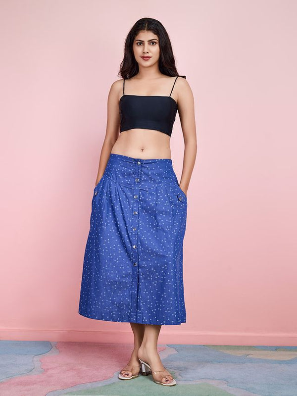 stylish pure tencel cotton denim front buttons yoke detailed A-line skirt with two pockets and front pleats- Blue