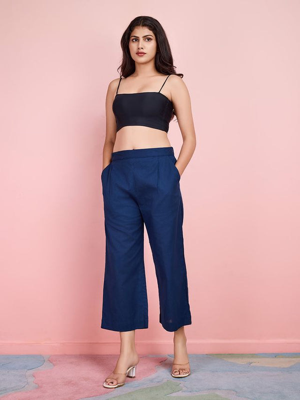 cotton linen back elasticated pants with side zipper - Navy Blue