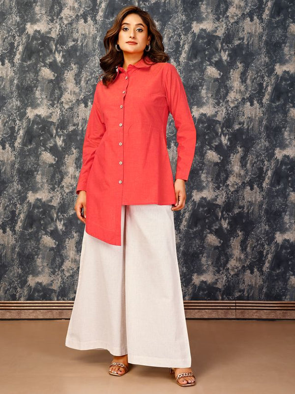 elegant asymmetric button down shirt with a flared pants set in Cotton Flex - Orange