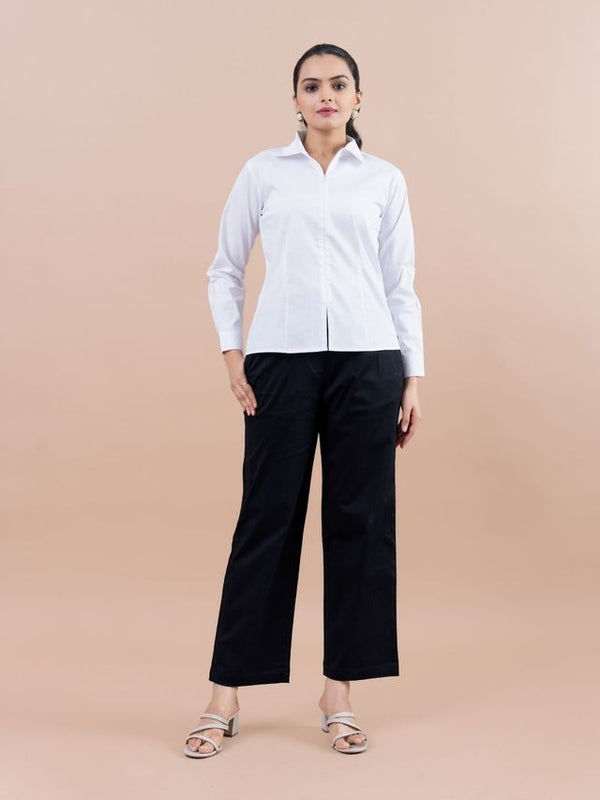 classic cotton shirt with front full zipper, shirt collar and cuff sleeves -White